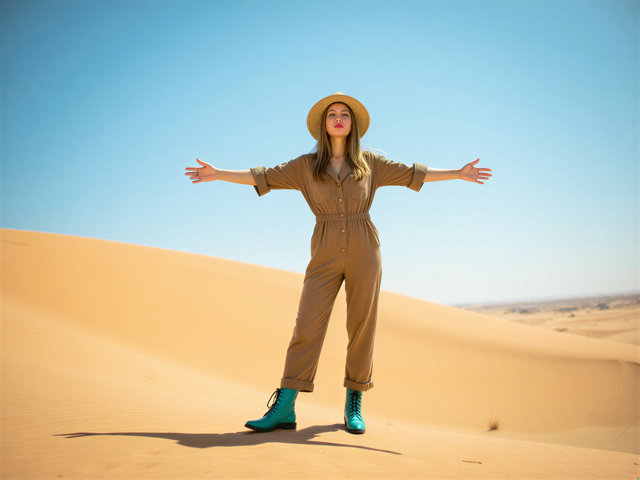 A joyful female adventurer, OD62S, aged 28, captured amidst an expansive desert landscape, exuding a sense of excitement and wonder. She wears a lightweight, breathable khaki jumpsuit with rolled-up sleeves, accented by a wide-brimmed straw hat that shields her from the sun's rays. Her vibrant turquoise hiking boots contrast with the warm sandy hues of the desert. The sun casts a golden glow, highlighting her cheerful expression as she gazes into the horizon, arms outstretched in a pose of freedom and adventure. The scene is vibrant, with clear blue skies and rolling sand dunes creating a breathtaking backdrop, evoking the thrill of exploration and the beauty of nature. The mood is infused with happiness and a spirit of discovery, perfectly capturing the essence of desert expeditions.