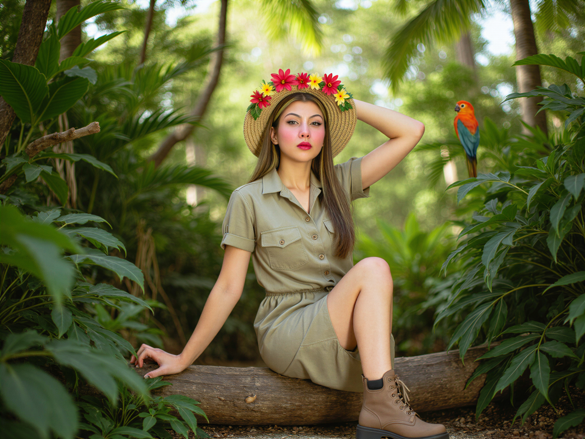 A vibrant and joyful female adventurer, OD62S, aged 28, immersed in a lush tropical jungle setting. She wears a lightweight, breathable khaki jumpsuit with rolled-up sleeves, paired with sturdy hiking boots, and a wide-brimmed straw hat adorned with colorful tropical flowers. Sunlight filters through the dense canopy above, creating a dappled effect on her radiant smile as she playfully interacts with the environment, perhaps reaching to touch a nearby vibrant parrot perched on a branch. The atmosphere is lively and filled with the sounds of nature, evoking a sense of adventure and happiness. The composition utilizes natural lighting to highlight the rich greens and diverse flora of the jungle, encapsulating the essence of exploration and joy in nature.