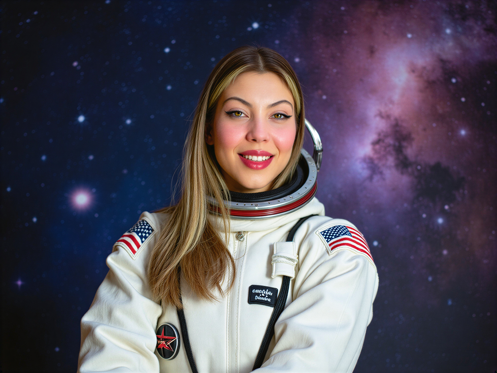 A vibrant portrait of a female astronaut, OD62S, aged 28, embodying the spirit of space exploration. She is dressed in a sleek, futuristic spacesuit with iridescent accents that catch the light, reflecting her joyful demeanor. Set against a backdrop of a breathtaking cosmic landscape filled with swirling galaxies and shimmering stars, the image captures the excitement of discovery and adventure. Her helmet, slightly tilted back to reveal her beaming smile, creates a connection to the viewer, while her pose suggests a sense of wonder and exhilaration. The mood is happy and uplifting, emphasizing the beauty of the universe and the thrill of exploration.