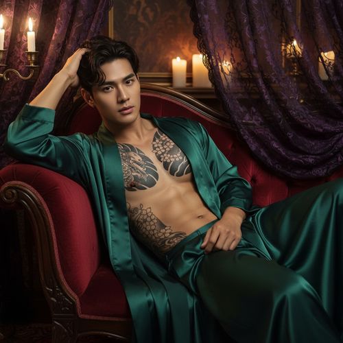 A strikingly handsome Asian male, John, aged 26, exuding an air of mystery and allure in a luxurious boudoir setting. He is clad in an elegant, dark silk robe that softly contrasts against his rich, warm skin tone. The robe falls open slightly, revealing a toned physique adorned with intricate tattoos. The room is bathed in soft, ambient lighting that highlights the contours of his body, creating a sultry, intimate atmosphere. His pose is relaxed yet confident, leaning against a plush velvet chaise lounge, one hand casually running through his hair, eyes smoldering with intensity. The backdrop includes sumptuous fabrics and delicate lace accents, enhancing the overall sensuality and sophistication of the scene, redefining masculinity with a touch of vulnerability and charm.