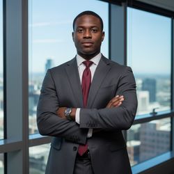A striking black male corporate executive, James, aged 28, exuding confidence and professionalism. He is styled in a tailored charcoal grey suit made of lightweight Italian wool, the sharp lines accentuating his athletic build. His crisp white dress shirt is complemented by a deep burgundy tie, the knot perfectly aligned, reflecting his attention to detail. The setting is a modern glass office with city skyline views in the background, evoking a sense of ambition and success. James stands with arms crossed, projecting authority while his expression reveals calm determination. The lighting captures the subtleties of his features, casting soft shadows that enhance the dignity of the moment, while a slight bokeh effect creates a sophisticated, executive ambiance.