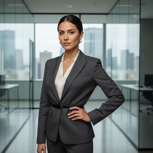 A confident Latin woman, Sarah, aged 25, embodies corporate elegance in a sleek, tailored charcoal gray blazer with sharp lapels, cinched at the waist with a subtle black patent leather belt. Underneath, she wears a delicate ivory silk blouse, whispering sophistication. Her sleek, straight dark hair frames her face perfectly, styled in a low bun, revealing understated gold hoop earrings. Against a modern glass-walled office background, soft natural light floods the space, highlighting her poised demeanor while casting gentle gradients on the polished floor. The composition centers on her assertive stance, one hand on her hip, exuding professionalism and ambition. The atmosphere is both dynamic and empowering, ideal for a corporate campaign that celebrates modern leadership.