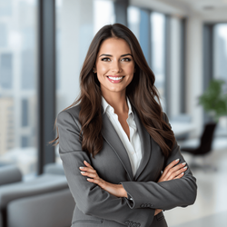 A professional female, Jane, in her 35s, confidently standing in a corporate office setting. She is dressed in a tailored business suit, with long brunette hair styled neatly. The office is modern, featuring sleek furniture and large windows with a city view, emphasizing her professionalism and poise. The lighting is bright and welcoming, reflecting the productive atmosphere of a corporate environment.