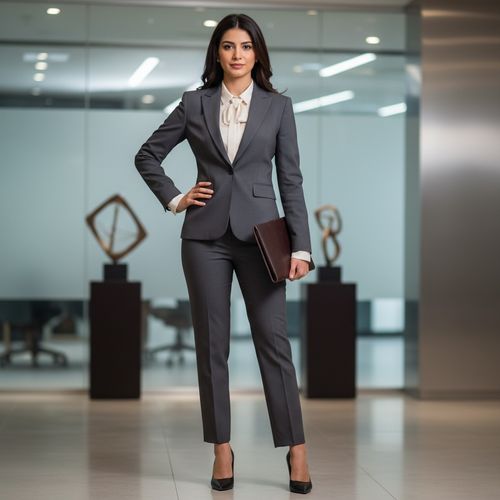 A 22-year-old Middle Eastern woman, Jane, embodies the essence of modern corporate sophistication in a sleek, tailored ensemble. She wears a form-fitting charcoal gray blazer with sharp princess seams, over a crisp ivory blouse featuring delicate silk accents. Her tailored trousers are cut to ankle length, showcasing minimalist black pointed-toe heels that add a touch of elegance. Exuding confidence and poise, Jane stands with her shoulders back, one hand on her hip and the other holding a sleek leather portfolio. Soft, diffused lighting creates a professional yet approachable atmosphere, highlighting her features and the subtle sheen of her outfit. The backdrop features minimalistic office elements, emphasizing her role in the dynamic world of business. The image conveys the power and ambition of a modern professional woman entering the corporate realm.