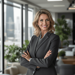 Olivia, a professional female in her 40s, standing confidently in a modern corporate office setting. She is wearing a tailored business suit, with her hair styled elegantly. The office background features large windows with a cityscape view, sleek furniture, and some plants, creating a professional yet inviting atmosphere. Olivia's expression reflects determination and leadership, embodying the essence of a successful corporate executive.