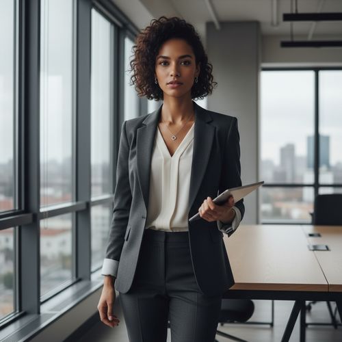 A poised female figure, Olivia, aged 28, embodies the essence of modern corporate elegance. She stands confidently in a sleek, dark charcoal tailored business suit made from luxurious wool, complemented by a tailored blouse in a soft ivory, with sharp princess seams accentuating her silhouette. The ensemble is completed with minimalistic silver jewelry, exuding a sophisticated yet powerful aura. Her hair is styled in textured natural curls, elegantly framing her face, enhancing her strong features. Set against a minimalist corporate office backdrop with large windows allowing soft, diffused natural light to flood the space, the composition uses leading lines to draw attention to her commanding presence. The lighting creates a balanced chiaroscuro effect, highlighting the contours of her face and the sharp lines of her outfit. This image captures the essence of contemporary female empowerment in the corporate world, blending elegance with authority, positioning Olivia as a symbol of ambition and success.