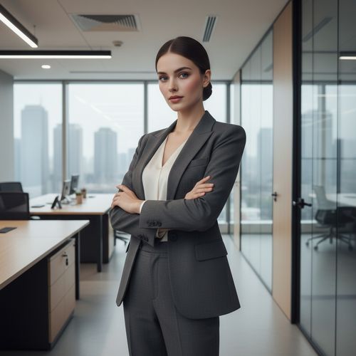 A poised 25-year-old female, Jane, exuding confidence and professionalism in a sleek corporate environment. She wears a tailored charcoal grey blazer over a fitted ivory silk blouse, paired with high-waisted trousers that elongate her frame. The jacket features sharp lapels and structured shoulders, embodying modern sophistication. Her hair is styled in a sleek low bun, and her makeup is subtle yet polished, enhancing her natural beauty with a hint of blush and a soft lip color. Jane stands with her arms crossed, radiating authority and approachability. The office setting is modern and minimalistic, with large windows allowing a cascade of natural light, highlighting her elegance within the dynamic atmosphere.