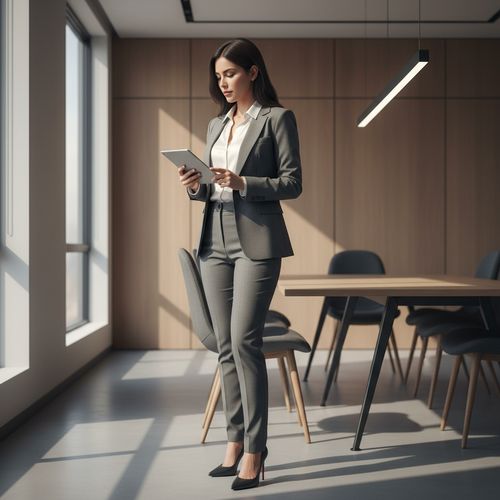 A poised and sophisticated Latina woman, Sarah, aged 25, embodies modern corporate elegance in a sleek gray tailored blazer over a crisp white silk blouse, tailored high-waisted trousers, and pointed-toe stiletto heels. Standing confidently in a minimalistic office space flooded with natural light, she holds a tablet with a focused expression. The composition utilizes a rule of thirds, placing her at the intersection of dynamic lines of the boardroom setting. Sharp shadows create depth around her figure, emphasizing her authority. The overall atmosphere projects professionalism, ambition, and contemporary style, capturing the essence of the modern corporate world.