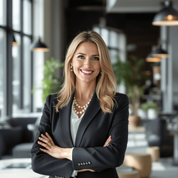 A professional woman named Sarah, 40 years old, is in a corporate setting. She is dressed in a tailored business suit, standing confidently with a slight smile, surrounded by modern office decor. The scene conveys professionalism and leadership, with natural light coming through large windows highlighting her presence. The atmosphere is dynamic, embodying the energy of a bustling corporate environment.