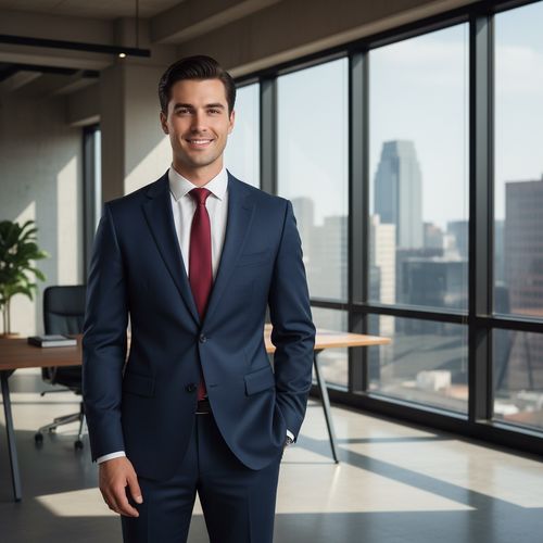A sophisticated male figure, John, aged 27, embodies the essence of contemporary corporate elegance. Dressed in a tailored navy two-piece suit crafted from fine worsted wool, featuring a slim-fit silhouette complemented by crisp white shirt and a silk tie in a deep burgundy shade. His hair is meticulously styled, conveying a sense of professionalism, while his expression radiates confidence and ambition. The background is a sleek office setting, punctuated by floor-to-ceiling windows that flood the space with natural light, casting soft shadows that enhance the composition. The image captures the poised demeanor of a young executive ready to embrace the challenges of the corporate world. The overall aesthetic is polished and aspirational, reflecting modern sophistication.