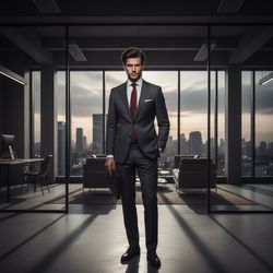 A sophisticated male figure, James, aged 29, embodies the essence of modern corporate elegance. Dressed in a tailored charcoal grey suit made from luxurious Italian wool, his crisp white shirt peeks out beneath a sleek, silk tie in a deep burgundy hue. His posture is strong and assertive, one hand resting casually in his pocket while the other holds a leather portfolio. With tousled dark hair and a clean-shaven face, he projects an air of confidence and determination. The background features an upscale office environment, complete with floor-to-ceiling windows revealing a vibrant city skyline, softly diffused natural light spilling across the scene, creating a dynamic interplay of shadows. The composition captures the intersection of ambition and sophistication, positioning him as a key player in the corporate landscape.
