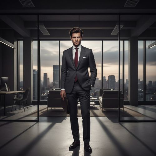 A sophisticated male figure, James, aged 29, embodies the essence of modern corporate elegance. Dressed in a tailored charcoal grey suit made from luxurious Italian wool, his crisp white shirt peeks out beneath a sleek, silk tie in a deep burgundy hue. His posture is strong and assertive, one hand resting casually in his pocket while the other holds a leather portfolio. With tousled dark hair and a clean-shaven face, he projects an air of confidence and determination. The background features an upscale office environment, complete with floor-to-ceiling windows revealing a vibrant city skyline, softly diffused natural light spilling across the scene, creating a dynamic interplay of shadows. The composition captures the intersection of ambition and sophistication, positioning him as a key player in the corporate landscape.