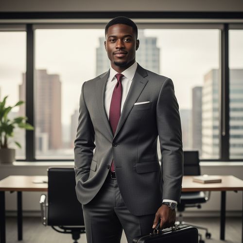 A striking portrait of a 29-year-old Black male professional, David, exuding confidence and authority in a corporate setting. He is dressed in a tailored charcoal grey suit made from fine wool, featuring sharp, narrow lapels and intricate stitching details. A crisp white shirt peeks from beneath his fitted jacket, complemented by a deep merlot silk tie with a subtle pattern, adding a touch of personality to his ensemble. His posture is commanding yet approachable, with one hand relaxed in his pocket while the other holds a sleek leather briefcase. The backdrop is a modern office space adorned with minimalist furniture and large windows reflecting the cityscape beyond. The light streams in softly, creating a warm yet professional atmosphere that accentuates his strong features and polished look, perfectly capturing the essence of contemporary corporate sophistication.