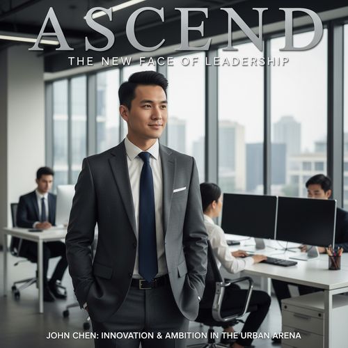 A 25-year-old male professional, John, exuding youthful confidence in a sleek corporate setting. He is dressed in a tailored charcoal grey suit crafted from fine wool, adorned with a crisp white dress shirt and a silk, navy blue tie. His expression is assertive yet approachable as he stands in an open office space with glass walls and modern furniture, casting a thoughtful glance towards a window that overlooks a bustling cityscape. The lighting is bright and contemporary, highlighting his strong jawline and sharp features. The overall aesthetic conveys ambition and modern professionalism, perfect for a leading corporate magazine cover.