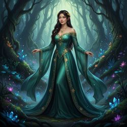 A 25-year-old Asian woman, Olivia, embodying a high-fantasy character in a stunning cosplay. She wears an intricately designed gown made of shimmering emerald chiffon, adorned with gold filigree and intricate embroidery that enhances the ethereal feel. The gown features an off-shoulder design with flowing sleeves, echoing the enchanting vibes of a mystical queen. Her long black hair cascades down her back, intertwined with delicate flowers that glow softly. Olivia poses in a mystical forest setting filled with luminescent flora, casting a magical atmosphere around her. The light filters through the trees, creating a dappled effect on her gown that emphasizes the fantasy theme. The overall composition captures both the grace and strength of a heroine in a dreamlike realm, with an emphasis on rich textures and vibrant colors, creating a hyper-realistic portrayal of fantasy cosplay.