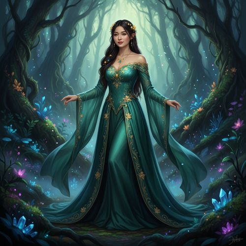 A 25-year-old Asian woman, Olivia, embodying a high-fantasy character in a stunning cosplay. She wears an intricately designed gown made of shimmering emerald chiffon, adorned with gold filigree and intricate embroidery that enhances the ethereal feel. The gown features an off-shoulder design with flowing sleeves, echoing the enchanting vibes of a mystical queen. Her long black hair cascades down her back, intertwined with delicate flowers that glow softly. Olivia poses in a mystical forest setting filled with luminescent flora, casting a magical atmosphere around her. The light filters through the trees, creating a dappled effect on her gown that emphasizes the fantasy theme. The overall composition captures both the grace and strength of a heroine in a dreamlike realm, with an emphasis on rich textures and vibrant colors, creating a hyper-realistic portrayal of fantasy cosplay.