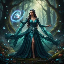 A 29-year-old Latina woman, Jane, engaging in fantasy cosplay, dressed as a powerful sorceress from a mystical realm. Her flowing, iridescent gown made from chiffon and silk cascades around her in shades of deep teal and emerald, cinched at the waist with a jeweled belt. Elaborate, hand-crafted accessories adorn her: a shimmering tiara and ornate cuffs, reflecting the ethereal glow of her character. Her long, dark hair flows in cascading waves, decorated with silver threads. She stands poised in a lush, enchanted forest setting, where soft, dappled sunlight streams through the leaves, creating magical highlights. The pose embodies both grace and authority, as she raises her hand, conjuring a mystical energy that seems to swirl around her. The overall aesthetic evokes a dreamlike narrative, capturing the essence of an epic fantasy tale, rendered in hyper-realistic detail.