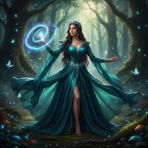A 29-year-old Latina woman, Jane, engaging in fantasy cosplay, dressed as a powerful sorceress from a mystical realm. Her flowing, iridescent gown made from chiffon and silk cascades around her in shades of deep teal and emerald, cinched at the waist with a jeweled belt. Elaborate, hand-crafted accessories adorn her: a shimmering tiara and ornate cuffs, reflecting the ethereal glow of her character. Her long, dark hair flows in cascading waves, decorated with silver threads. She stands poised in a lush, enchanted forest setting, where soft, dappled sunlight streams through the leaves, creating magical highlights. The pose embodies both grace and authority, as she raises her hand, conjuring a mystical energy that seems to swirl around her. The overall aesthetic evokes a dreamlike narrative, capturing the essence of an epic fantasy tale, rendered in hyper-realistic detail.