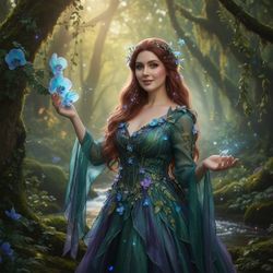 A 28-year-old woman, Jane, role-playing in a fantasy cosplay setting, embodies an ethereal forest nymph. She wears a flowing gown made of layered iridescent chiffon in shades of emerald and lavender, adorned with delicate floral appliqués. Her long, wavy hair cascades down her back, intertwined with luminescent vines and tiny blossoms, creating an otherworldly allure. The backdrop features a mystical forest, bathed in soft, dappled sunlight filtering through lush greenery, enhancing the magical atmosphere. Jane's pose is graceful and inviting, with one hand gently touching a flower while the other gracefully extends towards the viewer, evoking connection and fantasy. The overall composition aims for a hyper-realistic rendering of fantasy that feels alive and immersive.