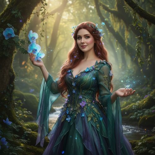 A 28-year-old woman, Jane, role-playing in a fantasy cosplay setting, embodies an ethereal forest nymph. She wears a flowing gown made of layered iridescent chiffon in shades of emerald and lavender, adorned with delicate floral appliqués. Her long, wavy hair cascades down her back, intertwined with luminescent vines and tiny blossoms, creating an otherworldly allure. The backdrop features a mystical forest, bathed in soft, dappled sunlight filtering through lush greenery, enhancing the magical atmosphere. Jane's pose is graceful and inviting, with one hand gently touching a flower while the other gracefully extends towards the viewer, evoking connection and fantasy. The overall composition aims for a hyper-realistic rendering of fantasy that feels alive and immersive.