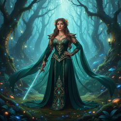 A 29-year-old Latin woman, Sarah, in a vibrant fantasy cosplay, embodying a fierce warrior queen. She wears an intricately detailed fitted bodice made of shimmering emerald-green velvet, adorned with golden accents and a dramatic flowing cape that dances with her every movement. Her long, wavy hair cascades down her back, intertwined with floral elements and jewels. The backdrop is a mystical enchanted forest, alive with softly glowing lights and ethereal mist, enhancing the fantastical atmosphere. Her pose is powerful, with one hand on her hip and the other holding a jeweled sword, exuding confidence and strength. The image captures a sense of magic and otherworldliness, evoking the allure of enchanting fairy tales. ROLE-PLAYING, HYPER-REALISTIC.