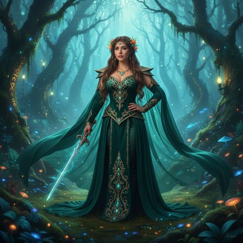 A 29-year-old Latin woman, Sarah, in a vibrant fantasy cosplay, embodying a fierce warrior queen. She wears an intricately detailed fitted bodice made of shimmering emerald-green velvet, adorned with golden accents and a dramatic flowing cape that dances with her every movement. Her long, wavy hair cascades down her back, intertwined with floral elements and jewels. The backdrop is a mystical enchanted forest, alive with softly glowing lights and ethereal mist, enhancing the fantastical atmosphere. Her pose is powerful, with one hand on her hip and the other holding a jeweled sword, exuding confidence and strength. The image captures a sense of magic and otherworldliness, evoking the allure of enchanting fairy tales. ROLE-PLAYING, HYPER-REALISTIC.