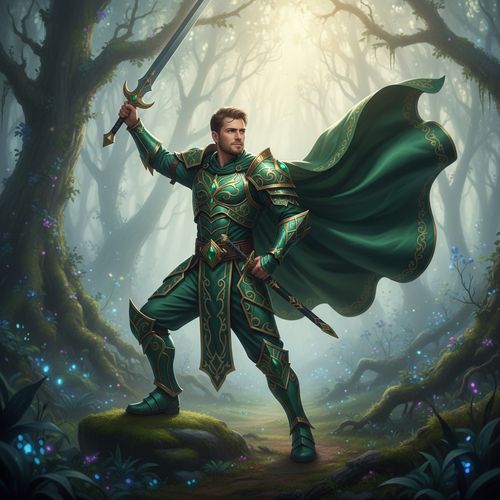 A 26-year-old male, John, role-playing in a FANTASY COSPLAY setting. He portrays a heroic character adorned in intricately designed armor with Middle Eastern influences, featuring rich emerald-green and gold textures that capture mythical elegance. His long, flowing cape billows dramatically behind him, echoing the grandeur of fantasy epics. The backdrop is a scenic, enchanted forest filled with mist and ethereal light, enhancing the otherworldly atmosphere. John's stance is powerful, arm raised as if wielding an imagined sword, exuding confidence and determination, his expression intense yet approachable. The lighting casts dramatic shadows, accentuating the details of his costume and features, making this hyper-realistic image a striking tribute to fantasy lore.