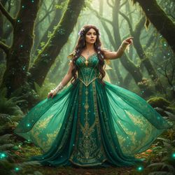 A realistic depiction of a Latina woman, Jane, aged 27, role-playing in a vibrant fantasy cosplay inspired by an ethereal fairy queen. She dons a flowing chiffon gown in rich emerald green adorned with intricate gold embroidery, capturing the essence of enchanted realms. Her long, wavy hair cascades around her shoulders, interwoven with delicate flowers and shimmering leaves. Her poised stance features an outstretched arm, revealing elegant, lace-trimmed, fingerless gloves, and her expression conveys both strength and grace, embodying the spirit of a protector of the forest. The background is a lush, enchanted woodland, softly illuminated by dappled sunlight filtering through the trees, enhancing the magical atmosphere of the scene. The image is hyper-realistic, melding the fantasy genre with a tangible beauty.