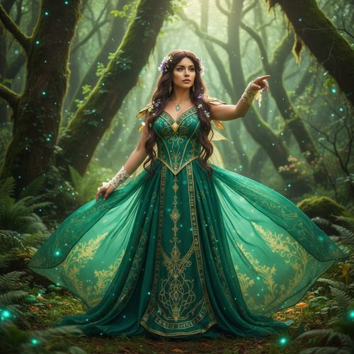 A realistic depiction of a Latina woman, Jane, aged 27, role-playing in a vibrant fantasy cosplay inspired by an ethereal fairy queen. She dons a flowing chiffon gown in rich emerald green adorned with intricate gold embroidery, capturing the essence of enchanted realms. Her long, wavy hair cascades around her shoulders, interwoven with delicate flowers and shimmering leaves. Her poised stance features an outstretched arm, revealing elegant, lace-trimmed, fingerless gloves, and her expression conveys both strength and grace, embodying the spirit of a protector of the forest. The background is a lush, enchanted woodland, softly illuminated by dappled sunlight filtering through the trees, enhancing the magical atmosphere of the scene. The image is hyper-realistic, melding the fantasy genre with a tangible beauty.