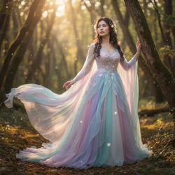 A realistic portrayal of Sarah, a 28-year-old Asian woman immersed in fantasy cosplay. She wears an intricately designed, ethereal gown featuring layers of shimmering chiffon in soft pastels, reminiscent of a mystical fairy. Delicate, hand-embroidered floral patterns wind along the fabric, and her flowing cape cascades behind her like a waterfall of silk. Her hair is styled in loose, cascading curls adorned with tiny flowers and glimmering fairy lights, adding a touch of magic to her look. She stands in an enchanted forest setting, dappled sunlight filtering through the leaves, creating an otherworldly atmosphere. The pose captures a graceful, serene moment, embodying the essence of fantasy with an enchanting gaze toward the horizon. This hyper-realistic image reflects the whimsical spirit of a beloved fantasy tale, making it a perfect centerpiece for a cosplay theme.
