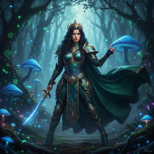 A striking young woman, Sarah, aged 25, role-playing in a hyper-realistic fantasy cosplay scenario. She embodies a fierce warrior queen, dressed in an elaborate costume of iridescent armor embellished with intricate gold detailing. The armor glimmers under the soft, ethereal lighting, enhancing her regal presence. A flowing deep emerald cape billows dramatically behind her, contrasting beautifully with her rich, textured black hair cascading in loose curls around her shoulders. The backdrop features a mystical forest setting adorned with glowing, luminescent plants, creating an enchanting atmosphere. Her pose is strong, with one hand gripping a jewel-encrusted sword, projecting both grace and power, while her expression radiates determination and adventure.