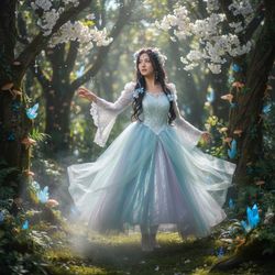 A young Asian woman, Emily, aged 24, embodying a character from a fantasy realm in an intricate cosplay. She wears a stunning, ethereal gown made of shimmering iridescent fabrics that flow like liquid light, with delicate lace detailing and a layered tulle skirt that adds volume and movement. Her hair, long and flowing, is adorned with faux flowers and shimmering jewels that catch the light. The setting features a mystical forest glade, atmospheric fog swirling around, illuminated by dappled sunlight filtering through the trees. Emily's pose is graceful, with one arm extended as if reaching for an unseen enchantment, her expression a blend of wonder and strength. The scene captures the enchanting essence of fantasy cosplay, infusing a sense of magic and adventure, perfectly balancing realism with whimsy.