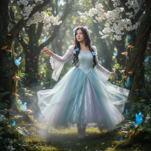 A young Asian woman, Emily, aged 24, embodying a character from a fantasy realm in an intricate cosplay. She wears a stunning, ethereal gown made of shimmering iridescent fabrics that flow like liquid light, with delicate lace detailing and a layered tulle skirt that adds volume and movement. Her hair, long and flowing, is adorned with faux flowers and shimmering jewels that catch the light. The setting features a mystical forest glade, atmospheric fog swirling around, illuminated by dappled sunlight filtering through the trees. Emily's pose is graceful, with one arm extended as if reaching for an unseen enchantment, her expression a blend of wonder and strength. The scene captures the enchanting essence of fantasy cosplay, infusing a sense of magic and adventure, perfectly balancing realism with whimsy.