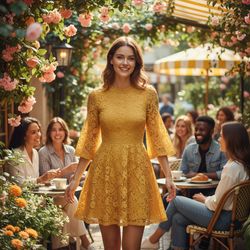 A 23-year-old white female, Olivia, embodies the vibrant spirit of Bumble in a dynamic, colorful editorial photograph. She is dressed in a playful, yellow A-line dress with intricate lace detailing and fluttering sleeves, exuding confidence and charm. Standing amidst a lively outdoor café setting, the sunlight filters through blooming flowers, creating a whimsical atmosphere. Her expression is bright and inviting, capturing the essence of modern connection and empowerment. The composition employs rule of thirds to balance her stance with the bustling background, and soft, natural lighting enhances her youthful glow.