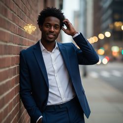 A 25-year-old Black male, James, exuding charismatic confidence in a modern Bumble-themed setting. He is styled in a tailored navy suit with a crisp white shirt, the subtle sheen of the fabric reflecting the ambient city lights behind him. The background features an urban landscape, with soft bokeh lights creating a warm romantic atmosphere. James leans against a brick wall, one hand casually tucked into his pocket, the other lightly brushing back his curly hair. His expression is inviting, capturing the essence of connection and charm that Bumble embodies, evoking a sense of approachability and modern romance. The photograph employs dramatic lighting to highlight his features, creating depth, while the composition balances negative space to draw focus to him. This image blends contemporary fashion with storytelling, making it suitable for a lifestyle editorial.