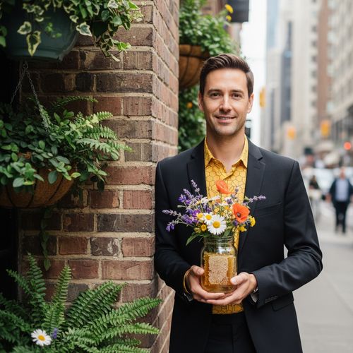 David, a charismatic male figure aged 34, embodies a modern-day bee charmer in a vibrant urban setting. He wears a tailored black suit made from lightweight fabric and a bold mustard yellow shirt adorned with an abstract honeycomb pattern. Cradling a transparent jar filled with wildflowers and golden honey, he leans casually against a weathered brick wall, surrounded by lush greenery. Soft, diffused lighting highlights his features, while a shallow depth of field keeps the focus on him, blending nature's vibrancy with urban sophistication, exuding an eco-conscious aesthetic.