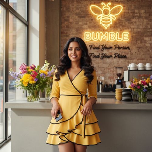 A striking 22-year-old Indian woman, Sarah, portrayed in a vibrant, modern Bumble-themed editorial setting. She wears a flirty yellow wrap dress with playful ruffles and accents of bold black, embodying the colors of the Bumble brand. Her hair cascades in loose, glossy waves around her shoulders, and her makeup features warm tones with a focus on golden highlights that shimmer under soft, natural lighting. Posing confidently, she leans against a stylish café backdrop adorned with floral arrangements and coffee cups, exuding a lively and approachable aura. The composition captures her vibrant energy and the essence of discovering connections in a lively urban atmosphere.
