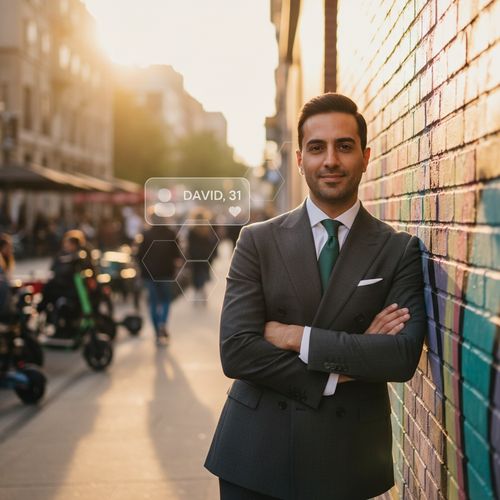 David, a striking Middle Eastern male figure aged 31, exuding charisma and charm in a vibrant urban setting that embodies modern dating culture. He wears a tailored charcoal double-breasted suit made of luxurious cashmere, highlighted by a crisp white shirt and bold emerald silk tie. Leaning confidently against a weathered brick wall adorned with street art, his relaxed pose with arms crossed and a slight smile reveals an inviting allure. The golden hour bathes the scene in warm light, creating a halo effect around him, capturing the essence of contemporary romance and modern masculinity, set within a Bumble dating backdrop.