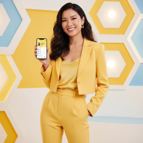 A vibrant scene featuring a 26-year-old Asian woman, Jane, embodying the essence of Bumble in a modern, chic editorial setting. Dressed in a playful yet sophisticated ensemble—a tailored yellow suit accented with flared trousers and a cropped blazer, complemented by a matching sleek silk camisole beneath. Her hair is styled in soft waves cascading over her shoulders, framing a confident, radiant smile. The backdrop is infused with elements of the Bumble app's branding: honeycomb patterns and bright promotional colors, evoking a sense of community and connection. Jane holds a smartphone displaying the Bumble app, embodying empowerment and the joy of modern dating. The lighting is bright and inviting, capturing the warmth and positivity of the experience. The composition incorporates an engaging angle that draws the viewer's eye towards Jane while maintaining a sense of playful sophistication, making it perfect for a fashion-forward editorial.