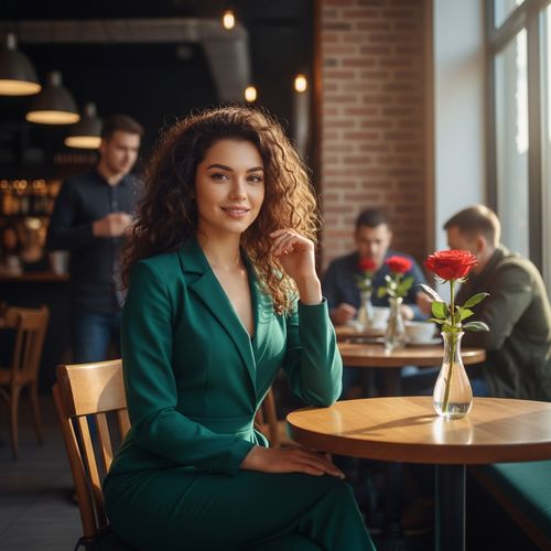 A vibrant, 23-year-old woman named Olivia, embodying the spirit of modern dating. She stands in an urban café, radiating confidence and charm, dressed in a chic, tailored jumpsuit of deep emerald green, accentuating her silhouette. Her hair is styled in elegant natural curls, framing her face beautifully. She's seated at a table adorned with a single rose in a slender vase, the soft afternoon light streaming in, casting a warm glow over her. Her candid smile, with a hint of intrigue, suggests a playful moment of connection. The background hums with life, capturing the essence of contemporary romance in an effortlessly stylish scene.