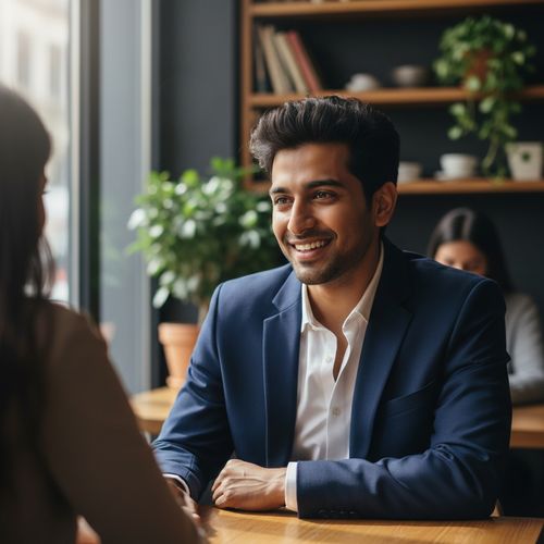 A vibrant portrait of a 25-year-old Indian male, Michael, embodying the essence of modern romance in a cosmopolitan dating setting. He is dressed in a tailored navy blazer layered over a crisp white shirt, with the blazer's lapels slightly pressed back, exuding youthful sophistication. His hair is styled in a trendy, tousled look, while a playful yet charming smile lights up his face, radiating warmth and approachability. The scene is set in a chic urban café, with soft natural lighting filtering through large windows, casting gentle reflections on polished tabletops. The composition captures an intimate moment as he leans slightly forward, resting on his elbows, engaged in conversation, embodying the excitement and anticipation of a new connection. Textured wooden elements and lush greenery in the background create a cozy atmosphere, enhancing the narrative of romance and connection.