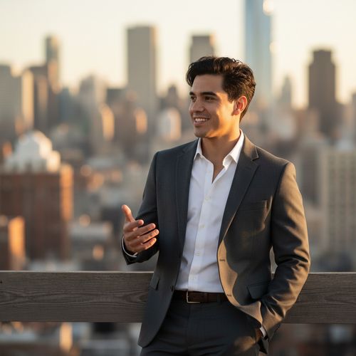 A charming Latin male, Michael, aged 27, captured in a romantic outdoor setting ideal for a modern dating scene. He is dressed in a tailored charcoal blazer over a crisp white shirt, the top button undone, exuding a relaxed yet sophisticated vibe. Leaning against a rustic wooden railing, his posture is relaxed, one hand casually tucked into his pocket while the other gestures expressively as he interacts with a companion just out of the frame. The golden hour sun bathes him in warm light, enhancing his chiseled features and playful smile. His dark hair is styled effortlessly, the background hints at a vibrant cityscape, creating an inviting aura of romance and possibility. The overall atmosphere is vivid, capturing the excitement and spontaneity of a budding relationship.