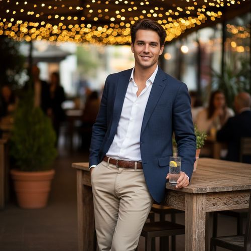 A charming 22-year-old male, James, exuding youthful confidence and style on a casual yet stylish date night. He is dressed in a tailored navy linen blazer over a crisp white shirt, paired with slim-fit chinos. The setting is a softly lit outdoor café, with warm fairy lights twinkling overhead, creating an intimate atmosphere. James leans casually against a rustic wooden table, his posture relaxed yet engaging, one hand tucked into his pocket while the other holds a glass of sparkling water. His tousled hair is complemented by a slight smile that hints at playfulness, inviting connection. The lighting is soft, casting flattering shadows that enhance his features, embodying the excitement of a budding romance, making the viewer feel the warmth and anticipation of a perfect date night.