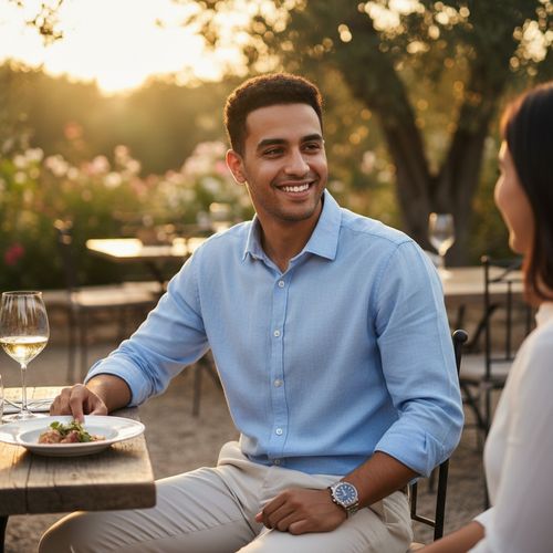 A 22-year-old Arab male named Michael, captured in an intimate, outdoor date setting during the golden hour. He wears a fitted, soft linen shirt in a muted pastel shade, perfectly paired with tailored chinos, exuding effortlessly chic charisma. His warm smile reflects genuine emotion, and his eyes sparkle with the excitement of love. The sun casts a golden glow, creating soft shadows that enhance the moment's intimacy. Surrounded by lush greenery and rustic wooden accents, the ambiance is both romantic and serene, embodying youthful romance, connection, and joy. The composition highlights the subject against a blurred backdrop, emphasizing the personal connection of the date while evoking a sense of warmth and tender emotion.