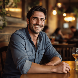 A 30-year-old male named John is sitting at a cozy café table during a casual dating setting. He has dark hair and a friendly demeanor, wearing a stylish yet relaxed shirt. The atmosphere is warm and inviting, with soft lighting and rustic decor, as John engages in a lively conversation with a date, showcasing a genuine smile and connection. In the background, subtle hints of other patrons enjoying their time can be seen, enhancing the dating vibe.