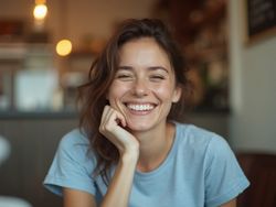 Smiling woman in casual blue t-shirt sitting at a café, radiating warmth and happiness.