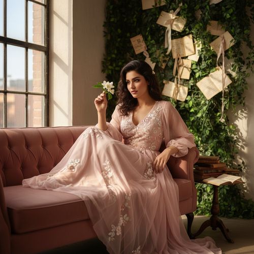 Olivia, a 27-year-old Arab woman embodying contemporary romantic aesthetics, is nestled on a vintage velvet settee in a softly lit loft, weaving narratives of modern love. She wears a flowing, blush chiffon maxi dress adorned with intricate floral embroidery, lending an ethereal quality as it cascades around her. Her loose waves frame her face with relaxed elegance while she delicately holds a single jasmine blossom, symbolizing innocence and passion. The backdrop is filled with cascading ivy and vintage love letters, under warm, natural lighting from large windows, enhancing the intimate storytelling of a modern romance entwined with nostalgia.