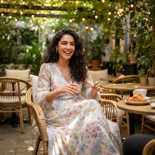 A striking 24-year-old Arab woman, Sarah, captured in a vibrant, candid moment on a Hinge date. Dressed in a flowing, floral chiffon maxi dress in soft pastels, she radiates joy and confidence. Her hair cascades in loose waves, softly framing her face. The backdrop features a charming café setting with twinkling fairy lights and rattan furniture, creating an intimate atmosphere. Sarah sits casually, leaning slightly forward with a playful smile, embodying the thrill of new connections. The sunlight filters through the leaves overhead, casting a warm, golden glow that enhances the romantic vibe of the scene. Her expressive body language captures the excitement and authenticity of modern dating interactions.