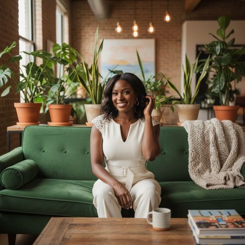 Emily, a 31-year-old black woman, embodies contemporary romance in a candid and intimate portrait. She sits casually yet elegantly on a vintage velvet sofa in a chic loft space, surrounded by lush indoor plants and soft, ambient lighting. Dressed in a tailored ivory jumpsuit with delicate lace detailing, her silhouette is accentuated by the cinched waist and a tasteful low neckline. Dainty gold earrings catch the light as her hair, styled in loose waves, frames her warm smile. One hand rests lightly on her lap while the other tucks a stray hair behind her ear, exuding approachable allure. This composition captures genuine connection and warmth, perfect for Hinge's modern dating app campaign. The trigger word is included for the Lora style.