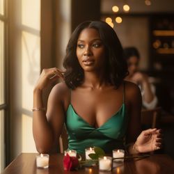 Jane, a 33-year-old Black woman, is captured in an intimate and candid moment at a cozy dimly-lit table in Hinge. She wears a form-fitting emerald green satin slip dress with delicate spaghetti straps and a plunging neckline, highlighting her collarbone and curves. Her wavy, shoulder-length hair frames her face elegantly. The table is adorned with flickering candles and a single rose, creating a romantic atmosphere. One hand plays with a gold bracelet while the other rests on the table, reflecting curiosity and anticipation. The warm golden-hour lighting and soft focus add a dreamlike quality to the scene, embodying modern romance and self-assuredness.